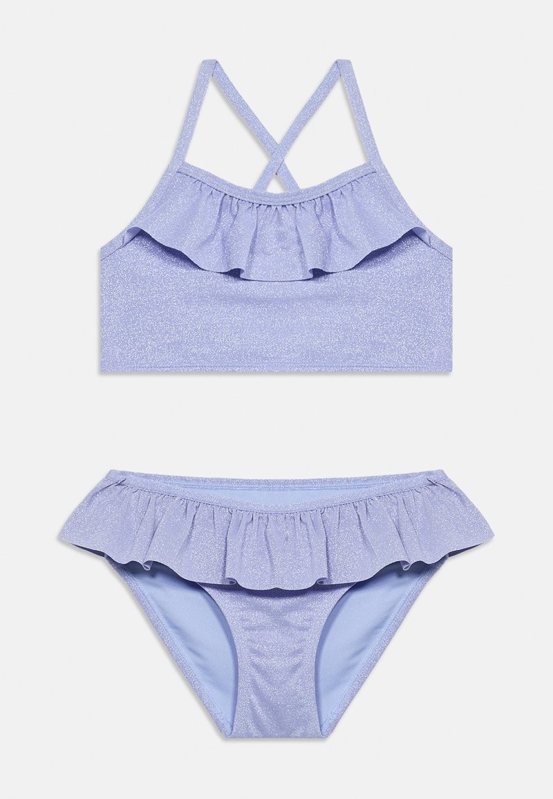 Maillot de bain deux pièces lilas avec bordure à volants en haut et en bas, avec des bretelles croisées dans le dos du haut.