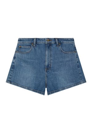 Kék farmer rövidnadrág elülső gombbal és cipzárral, övbészúrásokkal és két elülső zsebbel, fehér háttéren.