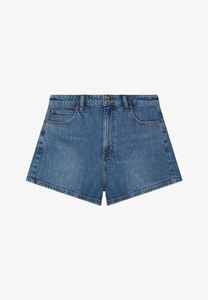 Pantaloncini di jeans blu con bottone e cerniera frontali, passanti per cintura e due tasche anteriori su sfondo bianco.