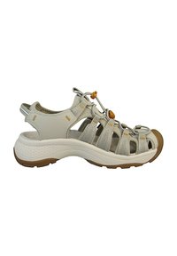 Sport sandal in light grey and beige, made with breathable fabric. Features multiple straps, a cushioned sole, and an adjustable toggle closure.