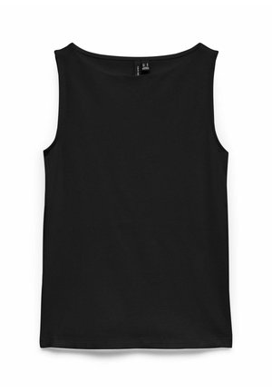 Sort ærmeløs tanktop med rund halsudskæring, lavet af glat stof, vist fladt på en hvid baggrund.