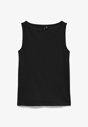 Black sleeveless tank top with a round neckline, made of smooth fabric, displayed flat on a white background.