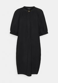 Svart klänning i lätt material, med rund halsringning, puffärm, centrala knapppdetailjer och en lös, A-linjeformad silhuett.