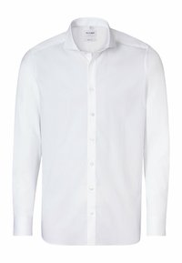 Witte long-sleeve shirt gemaakt van gladde stof, met een gestructureerde kraag, knoopsluiting en manchetten met afgeronde zoom.