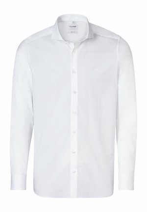 Chemise blanche à manches longues en tissu lisse, dotée d'un col structuré, d'une patte de boutonnage et de manches à poignet avec un ourlet arrondi.
