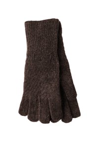 Guanti senza dita in maglia marrone, con polsini a coste, texture morbida e design senza cuciture che migliora la mobilità delle mani.