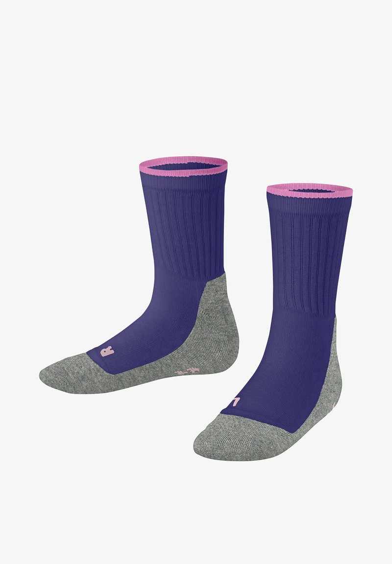 Lila Kniestrümpfe in knie-langer Länge mit ribbeliger Textur, featuring einen grauen Fuß und einen pinkfarbenen Bund. Enthält ein kleines Logo an der Seite.