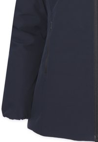 Giacca esterna blu navy con una texture liscia e resistente all'acqua; presenta tasche laterali con zip e polsini elastici per una vestibilità regolabile.