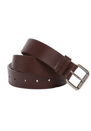 Brown leather belt with a smooth texture, featuring multiple holes for adjustment and a silver metal buckle. Brand label visible.