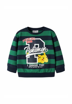 Pull à manches longues pour enfant avec des rayures vertes et bleu foncé, avec Pikachu, texte Pokémon et phrases "I choose you!" et "Gotta catch 'em all!"
