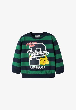 Dziecięcy sweter z długim rękawem w zielone i ciemnoniebieskie paski, z Pikachu, napisem Pokemon oraz frazami "I choose you!" i "Gotta catch 'em all!"
