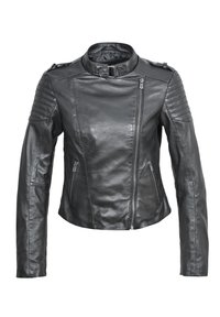 Schwarze Lederjacke mit taillierter Passform, langen Ärmeln, gerippten Akzenten an den Schultern und einem Front-Reißverschluss. Kurzer Kragen und glatte Textur.