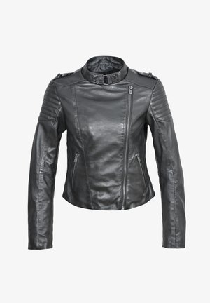 Schwarze Lederjacke mit taillierter Passform, langen Ärmeln, gerippten Akzenten an den Schultern und einem Front-Reißverschluss. Kurzer Kragen und glatte Textur.