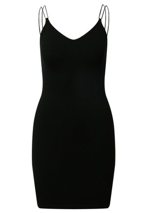 Zwarte geribbelde jurk met een getailleerd ontwerp, V-hals en dunne verstelbare spaghettitjes. Glad textuur en boven de knie lengte.