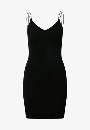 Zwarte geribbelde jurk met een getailleerd ontwerp, V-hals en dunne verstelbare spaghettitjes. Glad textuur en boven de knie lengte.