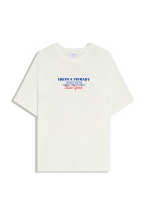 White short-sleeve T-shirt with blue and red text: "FRESH & VIBRANT AUTHENTIC SEAFOOD STRAIGHT FROM THE OCEAN New York"
