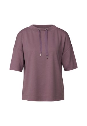 Haut à manches courtes, ample, en tissu doux et violet. Doté d'un col rond avec cordon de serrage et d'accents métalliques aux extrémités.