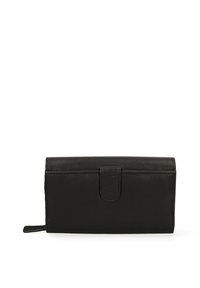 Black leather wallet with a smooth texture, rectangular shape, button closure, and a small side tab for easy open.