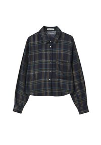 Camicia di flanella tagliata in blu navy con motivo a quadri verde e giallo. Presenta una chiusura con bottoni, colletto e un'unica tasca sul petto.