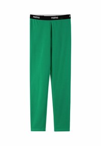 Zielone legginsy sportowe wykonane z oddychającej siateczki, z czarnym elastycznym paskiem w talii z logo "reima", oferujące dopasowany krój.