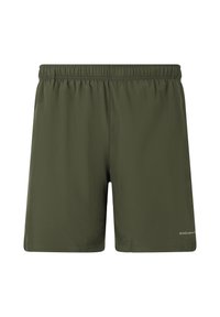 Olijfgroene sportshorts van lichtgewicht materiaal. Voorzien van een elastische tailleband en een subtiel logo aan de onderzijde rechts.