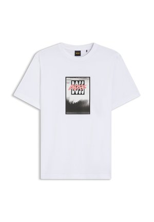 White short-sleeve T-shirt with a black and gray rectangular graphic, featuring the word "BOSS" crossed out in pink script.