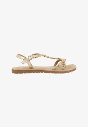 Beige geflochtene Sandalen mit dekorativen metallischen Akzenten, einem verstellbaren Schnallenriemen und einer strukturierten flachen Sohle.