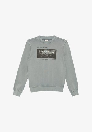 Szara bluza z okrągłym dekoltem, wykonana z miękkiego materiału, z dużą czarną grafiką i tekstem. Rękawy i dół ze ściągaczami, luźny krój.