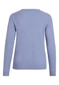 Jasnoniebieski dzianinowy sweter z okrągłym dekoltem, długimi rękawami i ribbowym wykończeniem. Miękka struktura z gładką fakturą, idealny do zakupu na cebulkę.