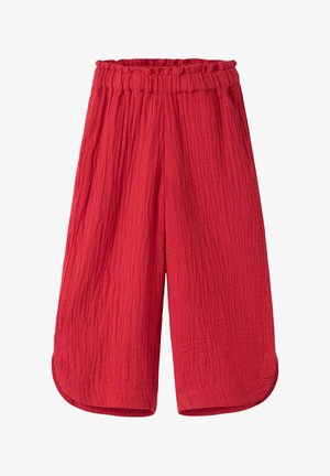 Røde bukser med vidde i benene, elastisk talje og tekstureret stof, med afrundede kanter og løs, afslappet pasform.
