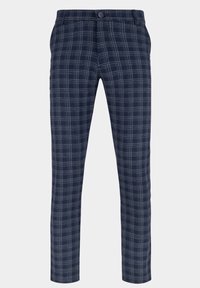 Námořnické modré kostkované kalhoty vyrobené z lehkého materiálu, se slim fit střihem, knoflíkovým zapínáním a jemnými šedými akcentními linkami v vzoru.
