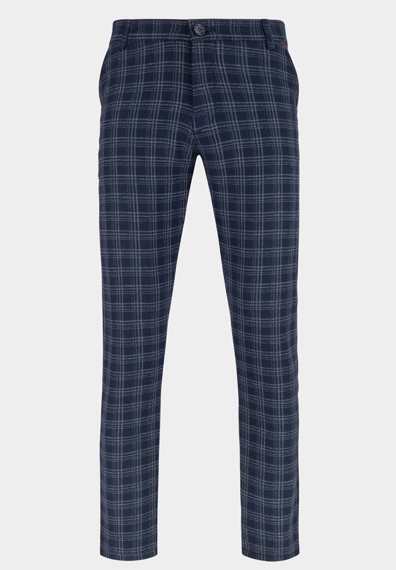 Námořnické modré kostkované kalhoty vyrobené z lehkého materiálu, se slim fit střihem, knoflíkovým zapínáním a jemnými šedými akcentními linkami v vzoru.