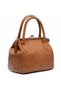 Borsa a spalla in pelle marrone con manici arrotondati, forma strutturata, texture liscia e chiusura con gancio metallico nella parte superiore; dettagli di cucitura minimi.