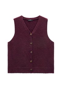 Bezrękawnik dzianinowy zapinany na guziki w głębokim burgundzie z dekoltem w kształcie litery V i prążkowanym wystąpieniem.