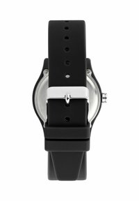 Cinturino dell'orologio in silicone nero con fibbia in acciaio inossidabile; cassa rotonda con superficie liscia; presenta un design minimalista.