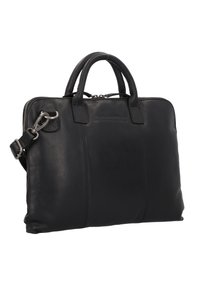 Bolsa de portátil de cuero negro con asas dobles, correa de hombro ajustable y Hardware plateado. Textura suave con una sutil marca en la parte frontal.