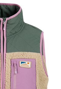 Quilted and fleece sleeveless vest with front zipper, purple and green color blocks, and a small zippered chest pocket with logo patch.