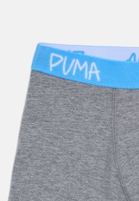 Sous-vêtements en tissu gris avec une ceinture élastique bleue portant le texte de la marque Puma en blanc et une couture de devant visible.