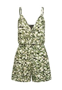 Roheline kamuflaažimustriga kombinesoon, millel on vöötohatise eesmine osa, reguleeritavad rihmad ja elastne vöökoht. Pehme, kergest kangast.