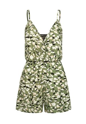 Groene romper met camouflagepatroon, een voorgevouwen voorkant, verstelbare bandjes en een elastische tailleband. Zachte, lichte stof.