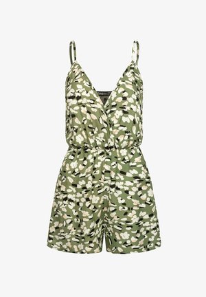 Roheline kamuflaažimustriga kombinesoon, millel on vöötohatise eesmine osa, reguleeritavad rihmad ja elastne vöökoht. Pehme, kergest kangast.