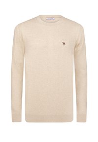 Maglione di colore beige realizzato in maglia con scollo a girocollo, maniche lunghe e orlo a coste. Presenta un piccolo emblema di un uccellino marrone sul petto. Tessuto morbido.