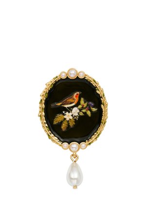 Oval black brooch with a small bird on flowering branch, surrounded by gold leaves and pearls with a hanging teardrop pearl.