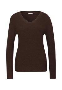 Brązowy sweter z długim rękawem i dekoltem w serek, wykonany z dzianiny prążkowanej. Prosty design bez dodatkowych wzorów ani akcentów.