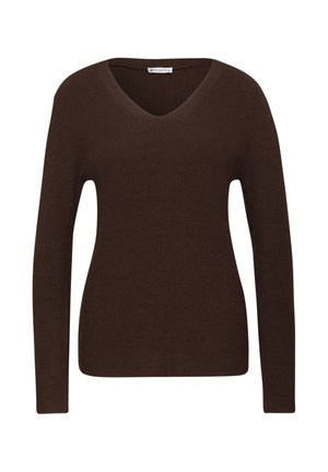 Brauner langärmliger Pullover mit V-Ausschnitt, aus geripptem Strickstoff gefertigt. Schlichtes Design ohne zusätzliche Muster oder Akzente.