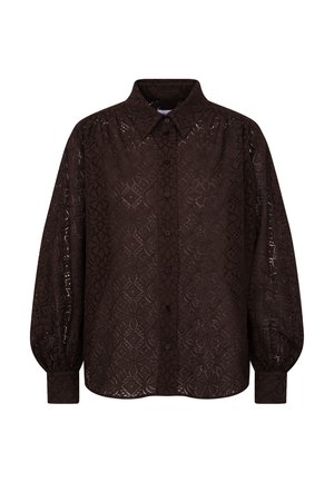 Camicia nera a maniche lunghe con bottoni, motivo in pizzo floreale, colletto appuntito e polsini arricciati su sfondo bianco uniforme.