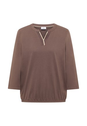Bruin damesshirt met lange mouwen, elastische zoom en een V-hals met beige en donkerbruine bies.