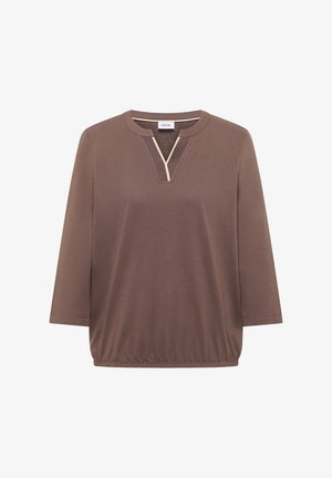 Camicia da donna marrone a maniche lunghe con orlo elastico e scollo a V rifinito da bordi beige e marrone scuro.