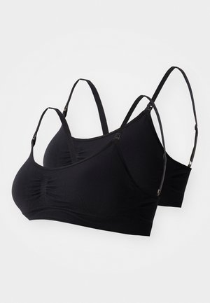 Bralette preto de algodão com alças ajustáveis, textura suave e detalhe de franzido na parte da frente. Apresenta um design sem costuras e uma opção de pacote com duas unidades.