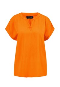 Lichtgewicht oranje blouse met korte mouwen, voorzien van een V-hals en een ontspannen pasvorm, ontworpen voor comfort en ademend vermogen.